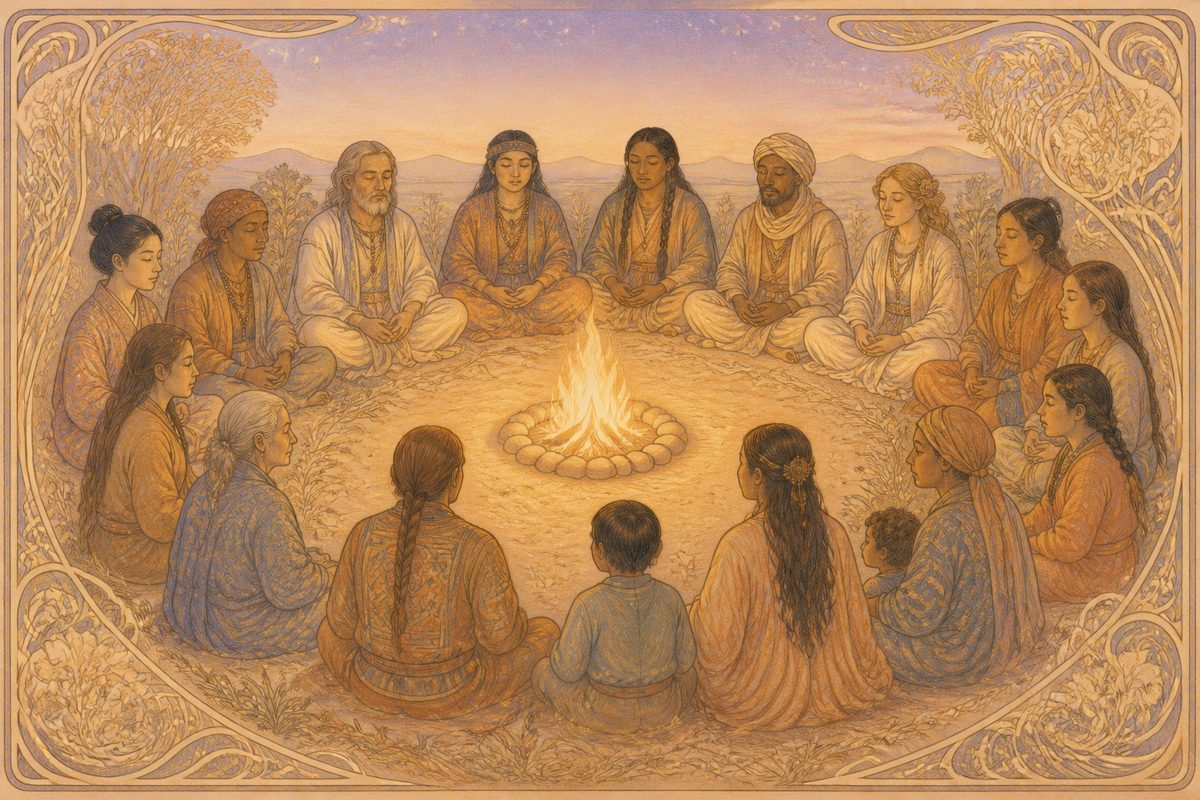 Silent tribal circle around the fire